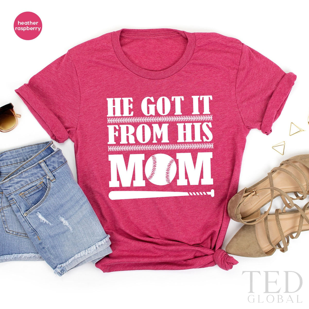 Funny Baseball Shirt, Baseball Boy TShirt, Softball Boys Shirt, He Got It  From His Mom, Cheer Mama Shirt, Baseball Mom T Shirt, Sports Mom