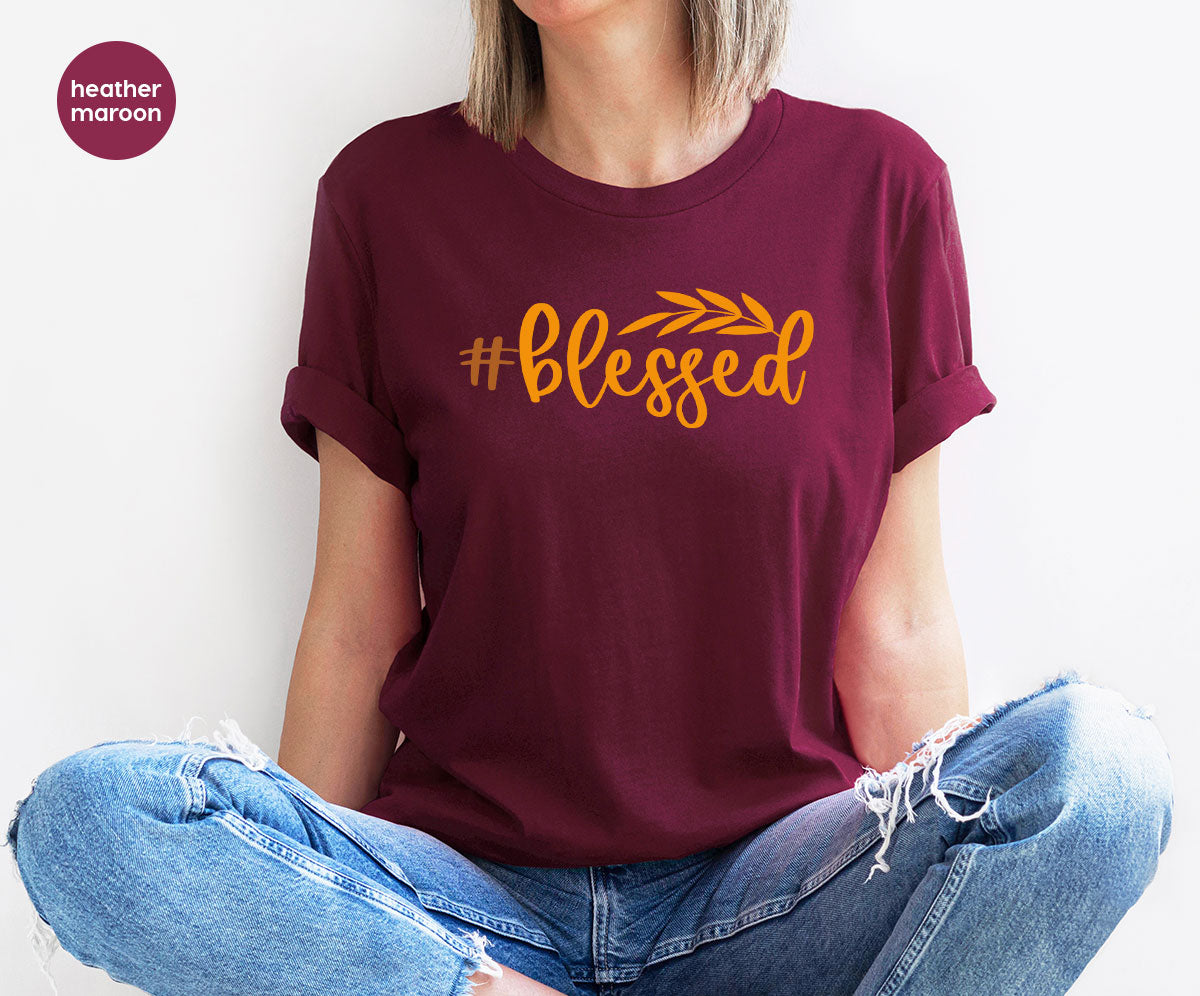 Cute Blessed T-Shirt, Fall Leaves Graphic Tees, Gift for Her, Womens Autumn Clothing, Thanksgiving Sweatshirt, Girls Vneck Tshirts