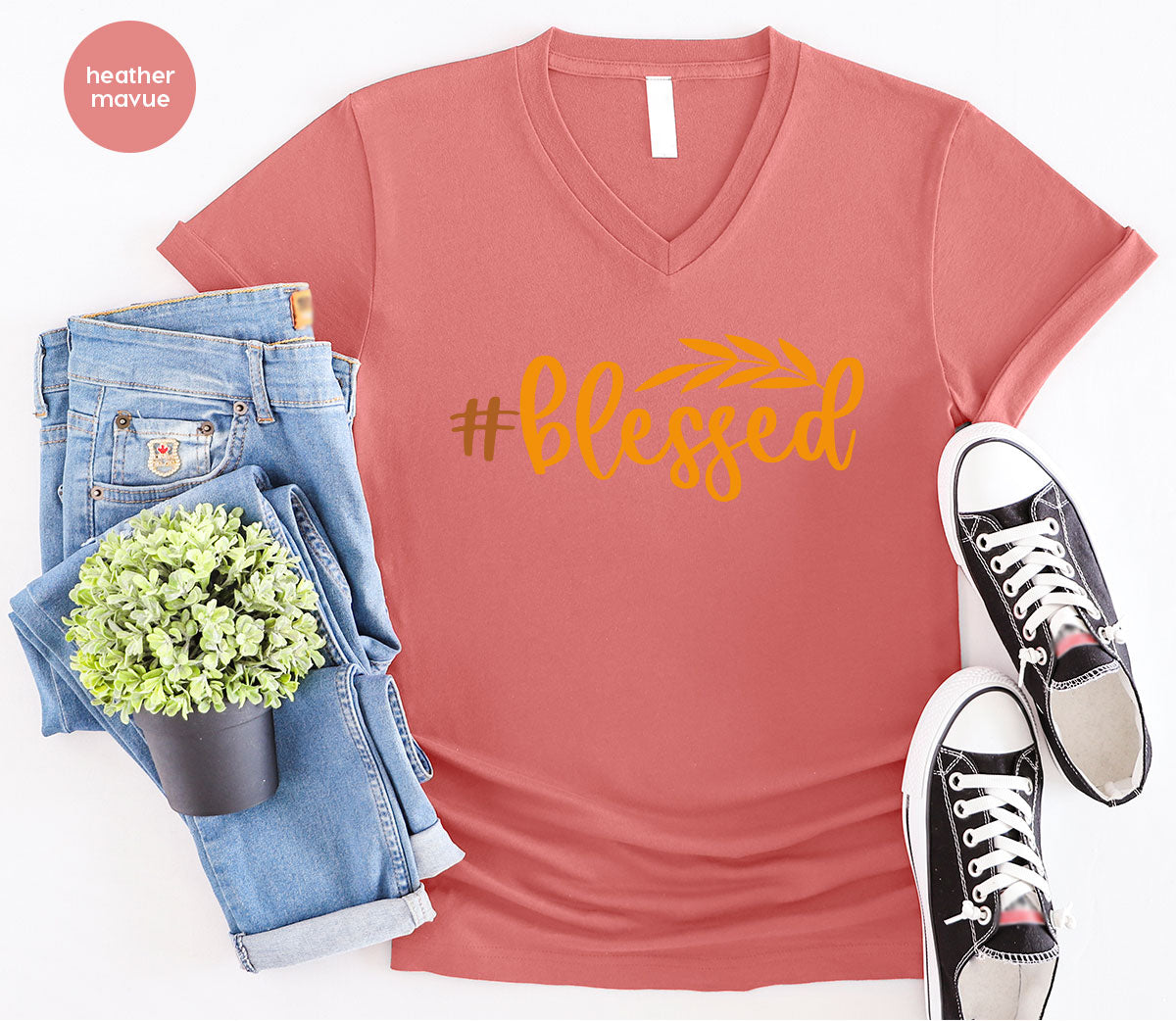 Cute Blessed T-Shirt, Fall Leaves Graphic Tees, Gift for Her, Womens Autumn Clothing, Thanksgiving Sweatshirt, Girls Vneck Tshirts