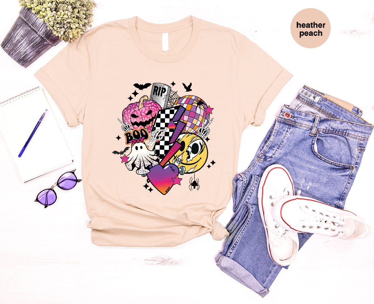 Halloween Shirt, Halloween Gifts, Spooky Season Shirt, Pumpkin Graphic Tees, Girls Fall Clothing, Halloween Party Outfit, Ghost Vneck Shirt