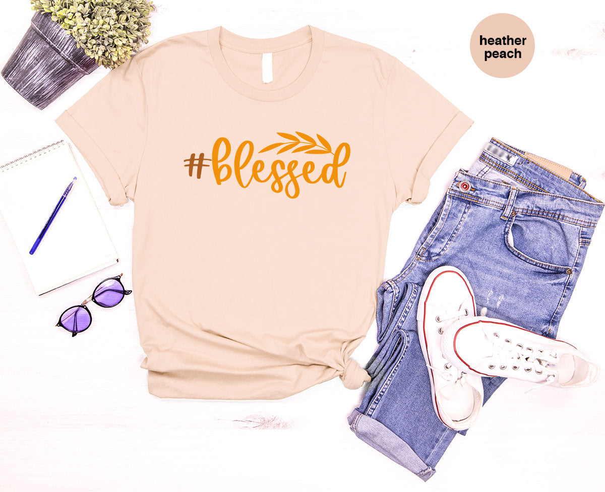 Cute Blessed T-Shirt, Fall Leaves Graphic Tees, Gift for Her, Womens Autumn Clothing, Thanksgiving Sweatshirt, Girls Vneck Tshirts