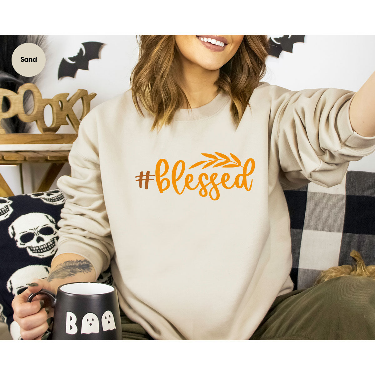 Cute Blessed T-Shirt, Fall Leaves Graphic Tees, Gift for Her, Womens Autumn Clothing, Thanksgiving Sweatshirt, Girls Vneck Tshirts