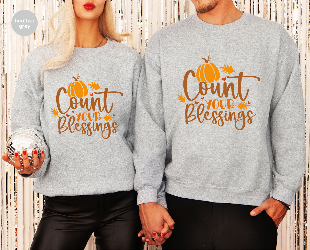 Cute Fall Outfit, Pumpkin Shirts, Gift for Her, Thanksgiving Clothing, Autumn Crewneck Sweatshirt, Blessed Vneck Tshirt, Leaves Graphic Tees