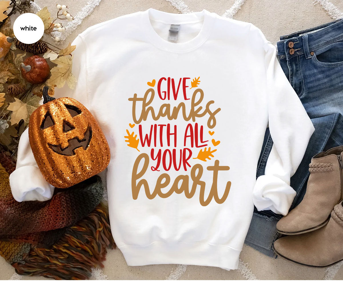 Cute Fall Clothing, Thanksgiving T-Shirt, Gift for Her, Leaves Graphic Tees, Autumn Outfit, Womens Vneck Shirt, Thankful Sweatshirt