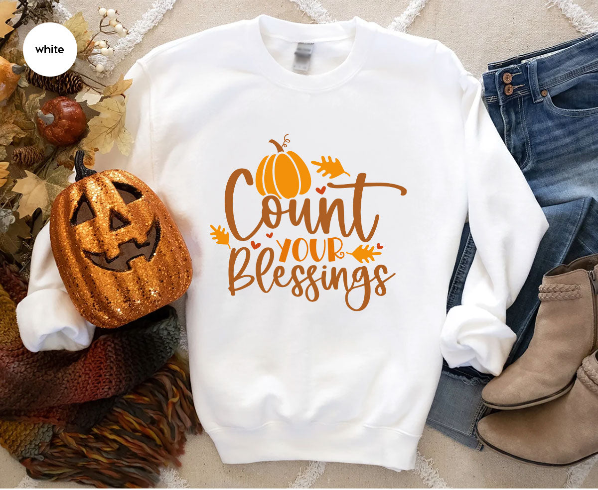 Cute Fall Outfit, Pumpkin Shirts, Gift for Her, Thanksgiving Clothing, Autumn Crewneck Sweatshirt, Blessed Vneck Tshirt, Leaves Graphic Tees