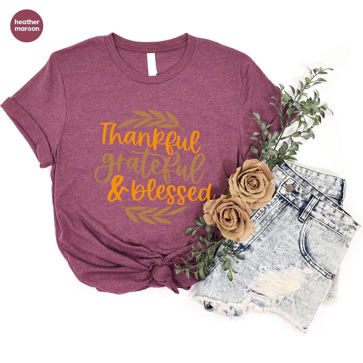 Fall Tshirt, Autumn Clothing, Gift for Her, Happy Thanksgiving Outfit, Leaves Graphic Tees, Thankful Grateful Blessed T-Shirt
