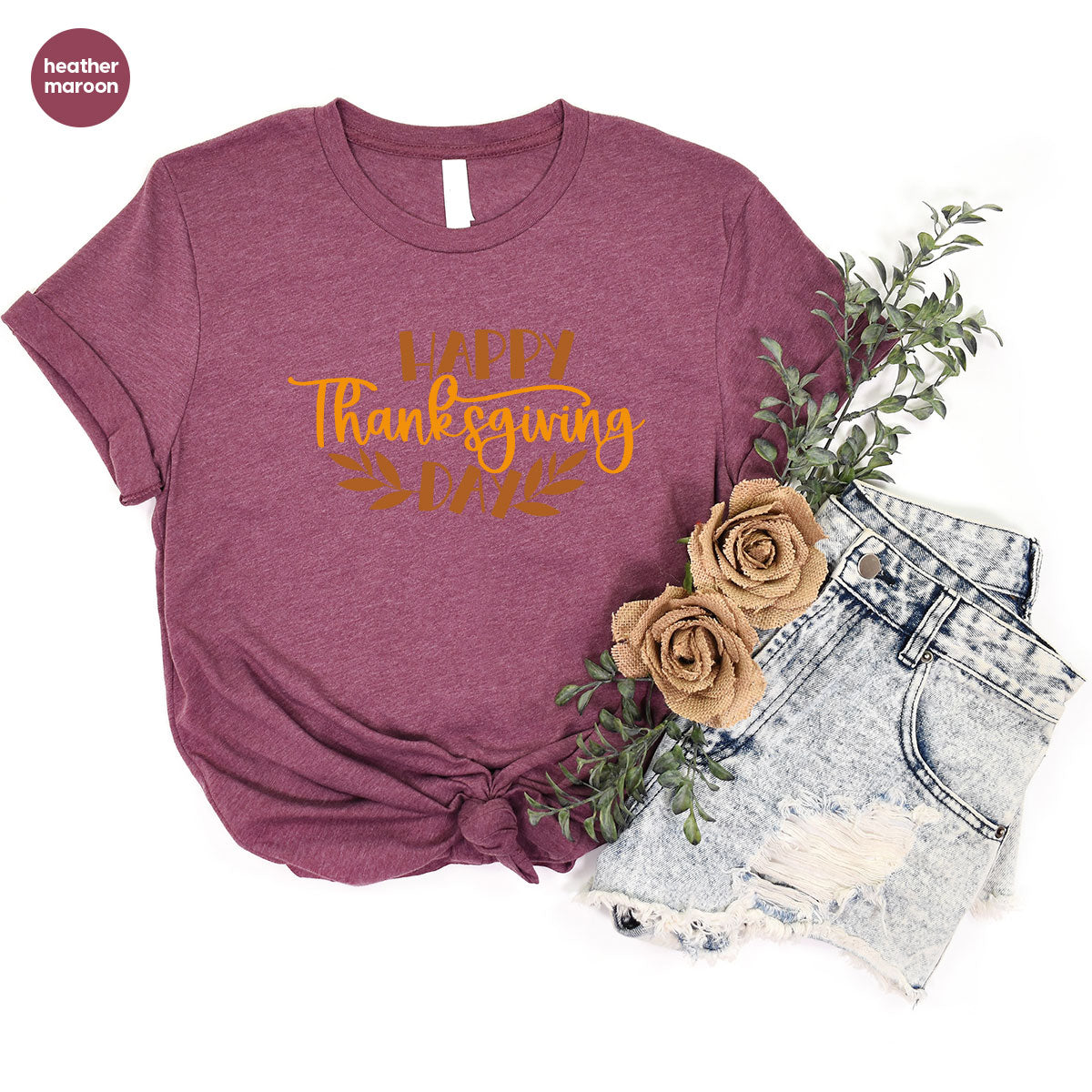 Happy Thanksgiving Day T-Shirt, Matching Family Shirts, Fall Crewneck Sweatshirt, Family Gifts, Leaves Graphic Tees, Autumn Vneck TShirt