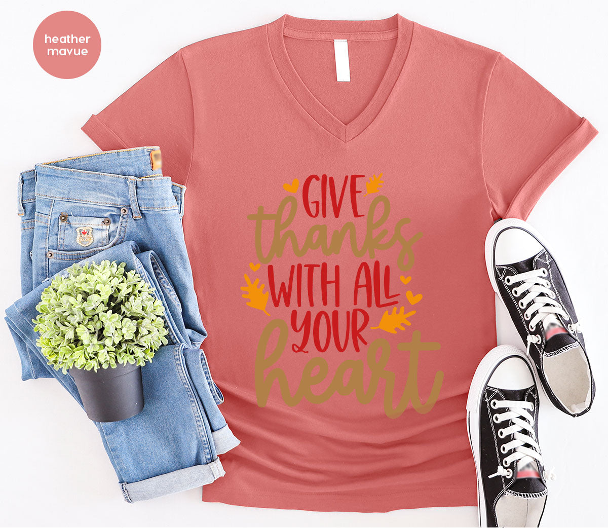 Cute Fall Clothing, Thanksgiving T-Shirt, Gift for Her, Leaves Graphic Tees, Autumn Outfit, Womens Vneck Shirt, Thankful Sweatshirt