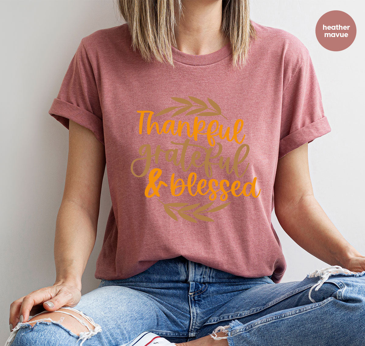 Fall Tshirt, Autumn Clothing, Gift for Her, Happy Thanksgiving Outfit, Leaves Graphic Tees, Thankful Grateful Blessed T-Shirt