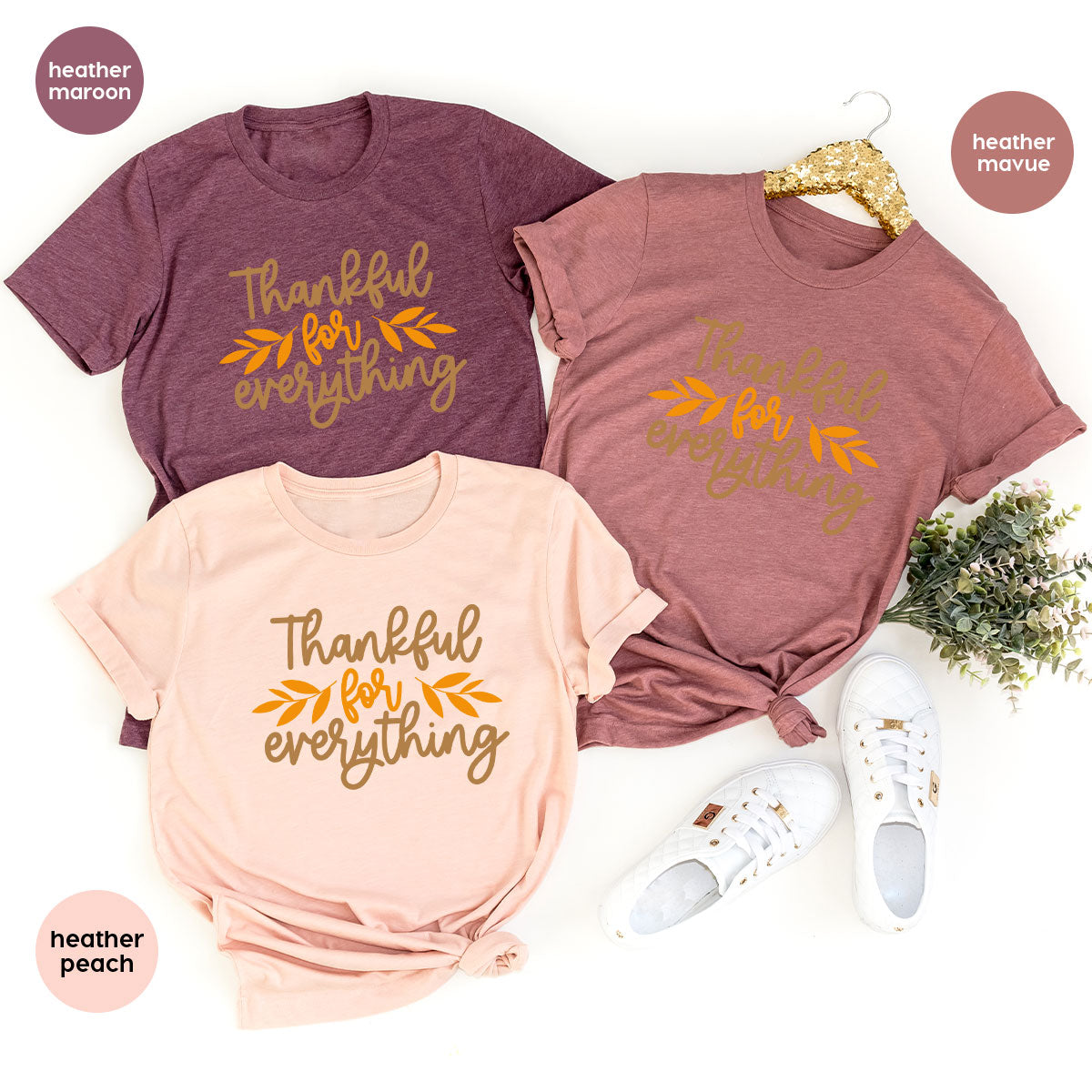 Thanksgiving T Shirts, Gifts for Her, Fall Leaves Graphic Tees, Autumn Clothing, Thankful for Everything T-Shirt, Womens Vneck TShirt