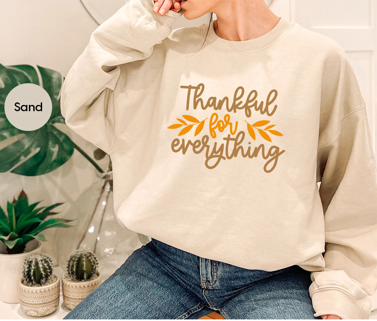 Thanksgiving T Shirts, Gifts for Her, Fall Leaves Graphic Tees, Autumn Clothing, Thankful for Everything T-Shirt, Womens Vneck TShirt