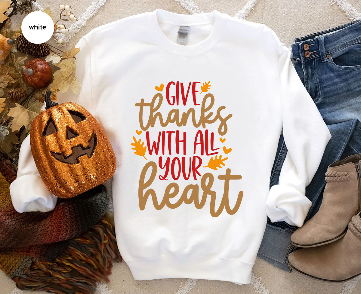 Cute Fall Clothing, Thanksgiving T-Shirt, Gift for Her, Leaves Graphic Tees, Autumn Outfit, Womens Vneck Shirt, Thankful Sweatshirt