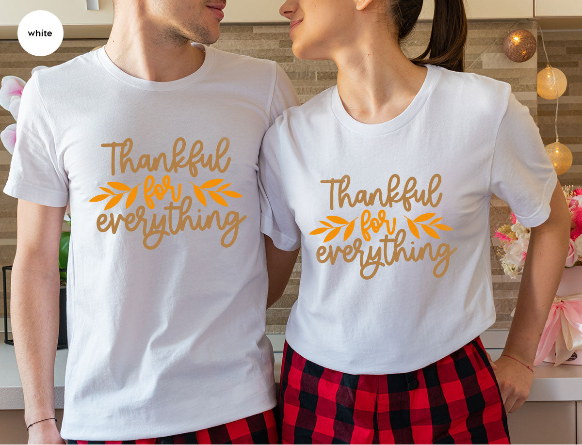 Thanksgiving T Shirts, Gifts for Her, Fall Leaves Graphic Tees, Autumn Clothing, Thankful for Everything T-Shirt, Womens Vneck TShirt