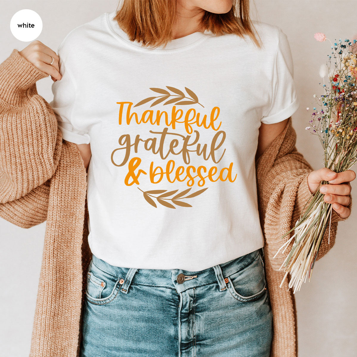 Fall Tshirt, Autumn Clothing, Gift for Her, Happy Thanksgiving Outfit, Leaves Graphic Tees, Thankful Grateful Blessed T-Shirt