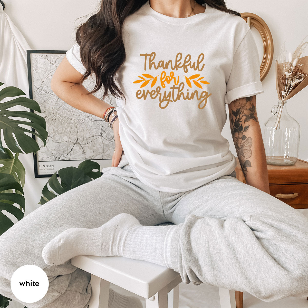 Thanksgiving T Shirts, Gifts for Her, Fall Leaves Graphic Tees, Autumn Clothing, Thankful for Everything T-Shirt, Womens Vneck TShirt