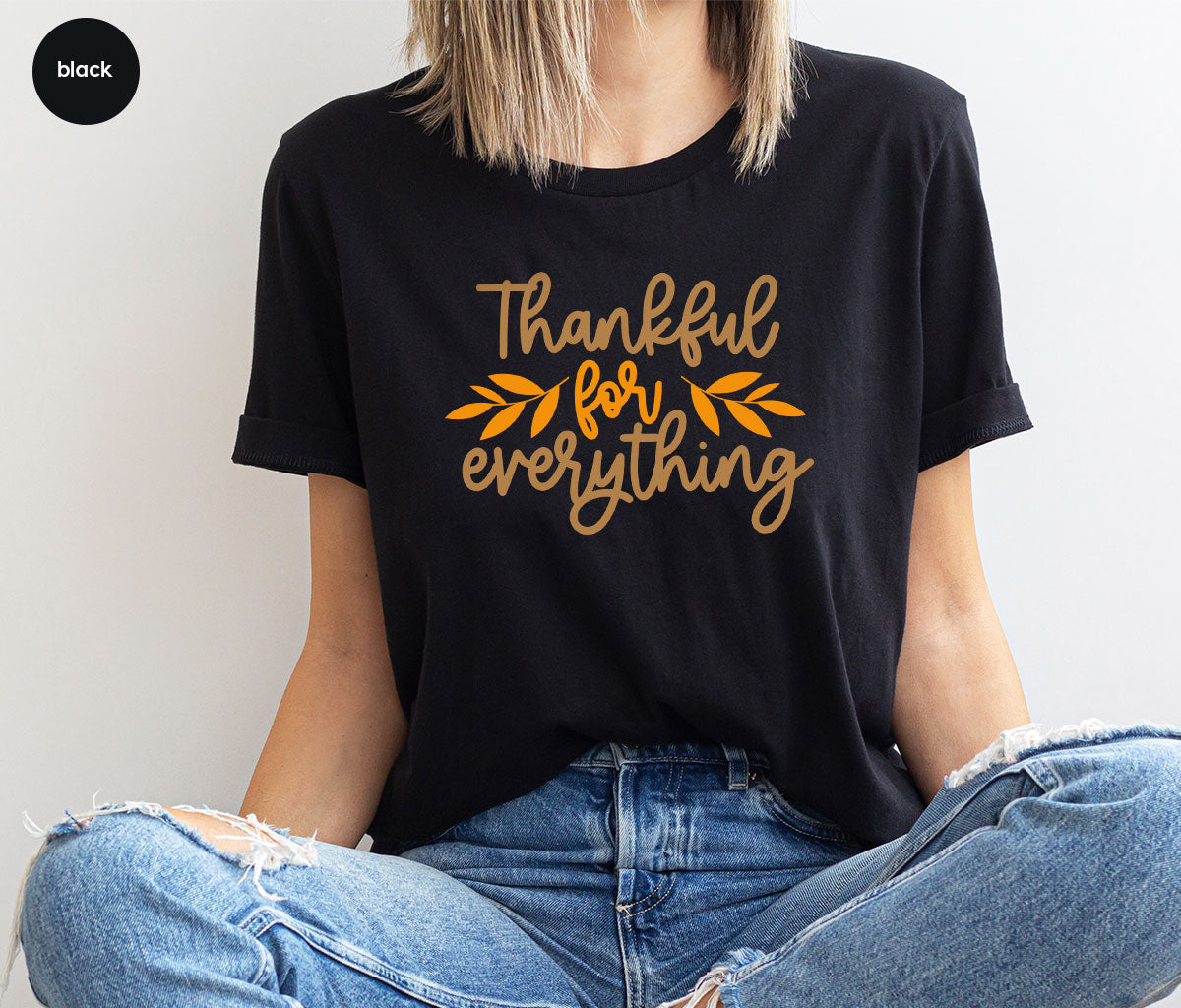 Thanksgiving T Shirts, Gifts for Her, Fall Leaves Graphic Tees, Autumn Clothing, Thankful for Everything T-Shirt, Womens Vneck TShirt