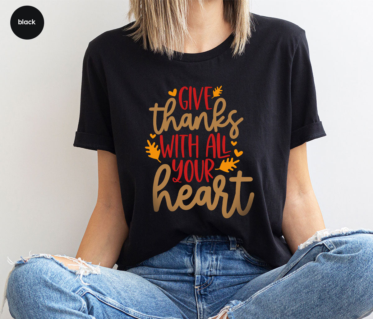 Cute Fall Clothing, Thanksgiving T-Shirt, Gift for Her, Leaves Graphic Tees, Autumn Outfit, Womens Vneck Shirt, Thankful Sweatshirt