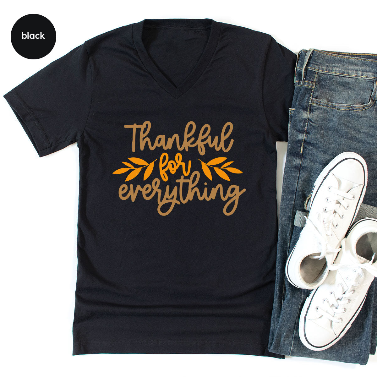 Thanksgiving T Shirts, Gifts for Her, Fall Leaves Graphic Tees, Autumn Clothing, Thankful for Everything T-Shirt, Womens Vneck TShirt