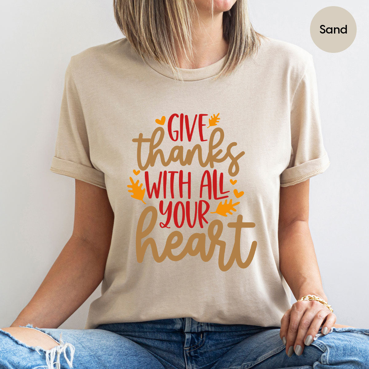 Cute Fall Clothing, Thanksgiving T-Shirt, Gift for Her, Leaves Graphic Tees, Autumn Outfit, Womens Vneck Shirt, Thankful Sweatshirt