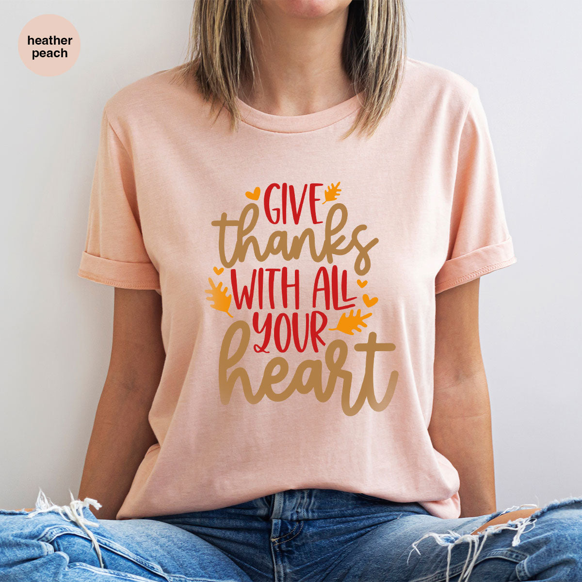 Cute Fall Clothing, Thanksgiving T-Shirt, Gift for Her, Leaves Graphic Tees, Autumn Outfit, Womens Vneck Shirt, Thankful Sweatshirt