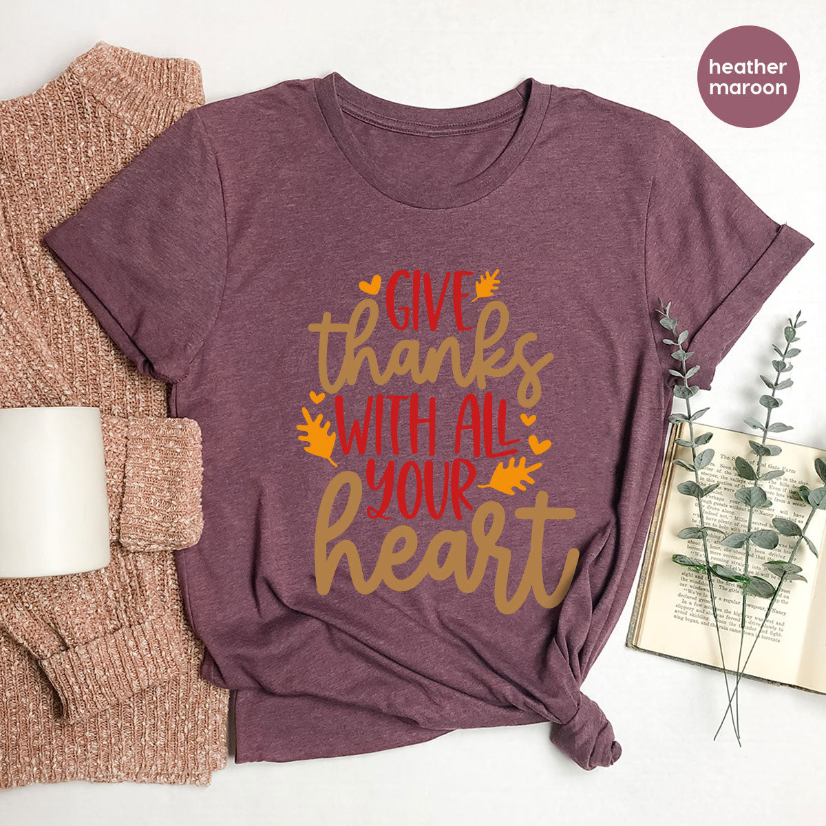 Cute Fall Clothing, Thanksgiving T-Shirt, Gift for Her, Leaves Graphic Tees, Autumn Outfit, Womens Vneck Shirt, Thankful Sweatshirt