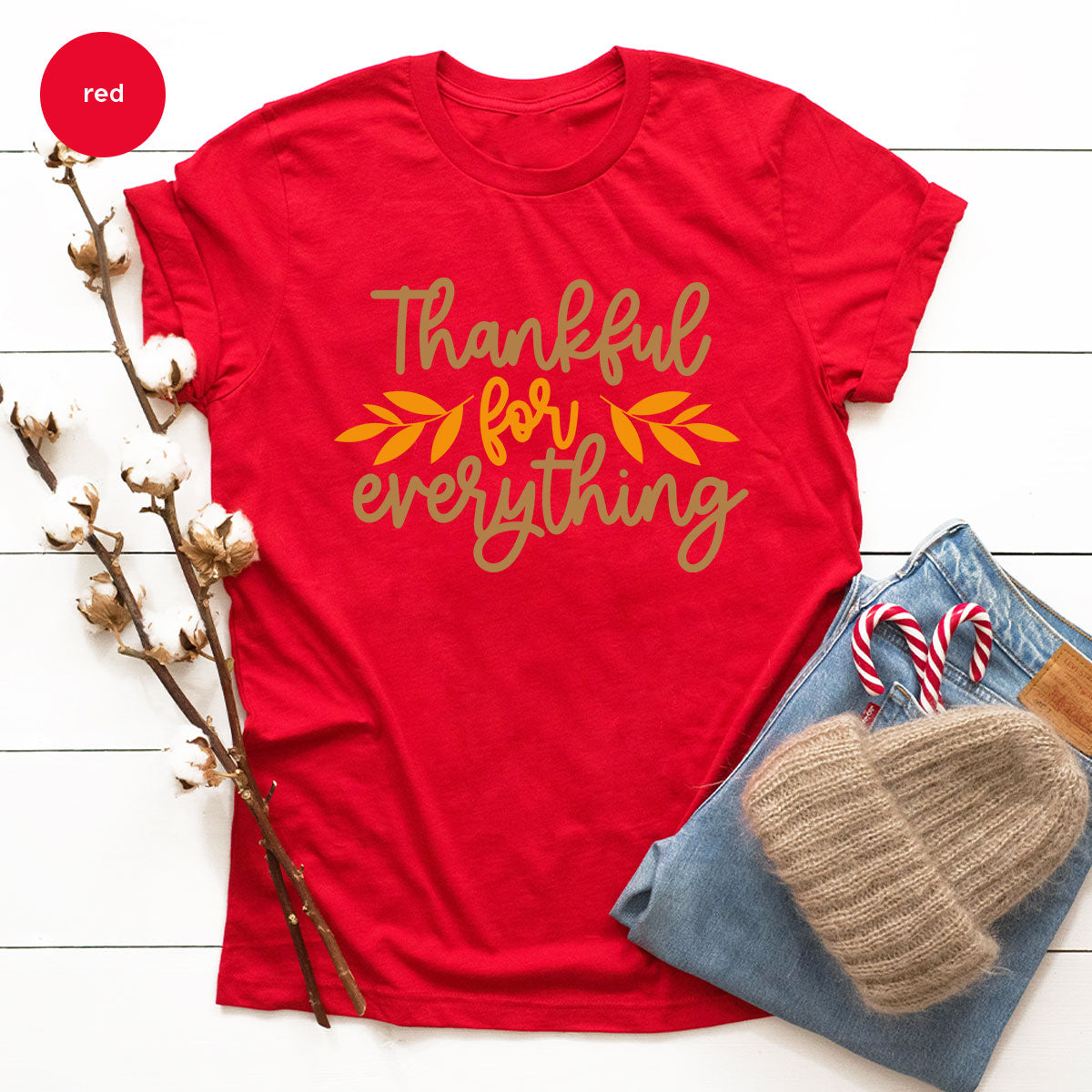 Thanksgiving T Shirts, Gifts for Her, Fall Leaves Graphic Tees, Autumn Clothing, Thankful for Everything T-Shirt, Womens Vneck TShirt