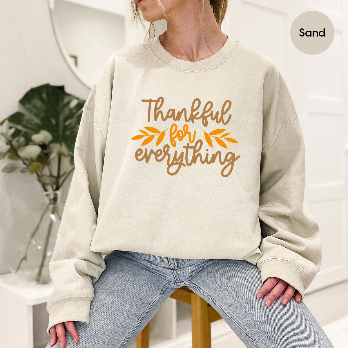 Thanksgiving T Shirts, Gifts for Her, Fall Leaves Graphic Tees, Autumn Clothing, Thankful for Everything T-Shirt, Womens Vneck TShirt