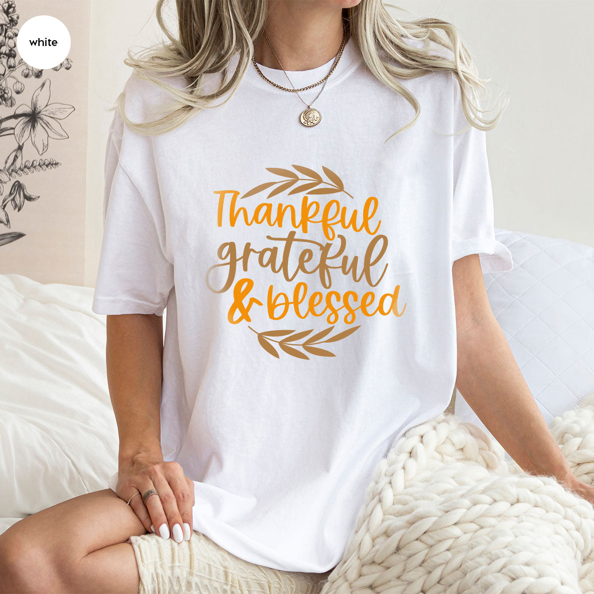 Fall Tshirt, Autumn Clothing, Gift for Her, Happy Thanksgiving Outfit, Leaves Graphic Tees, Thankful Grateful Blessed T-Shirt