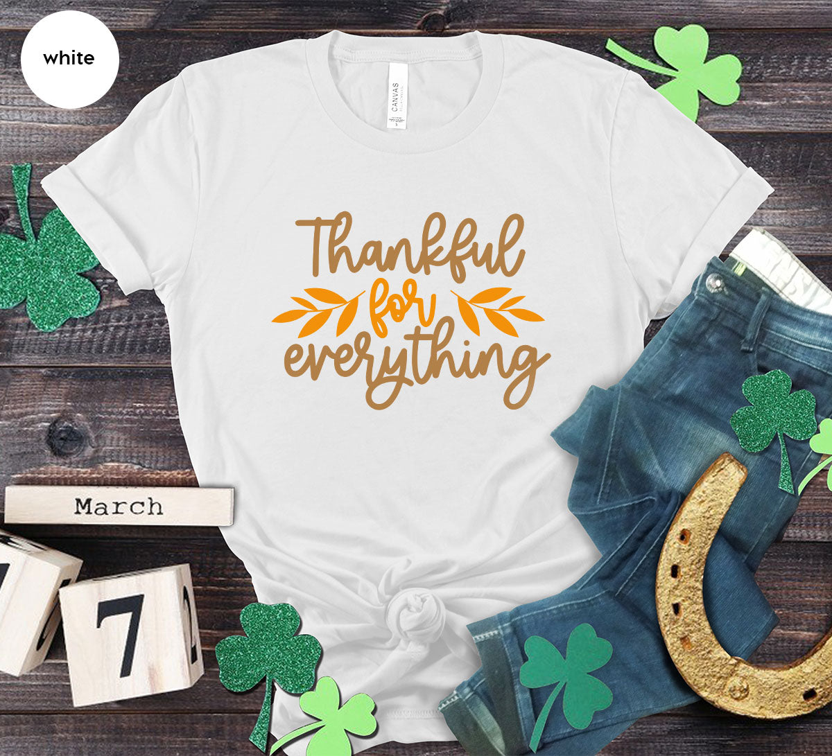 Thanksgiving T Shirts, Gifts for Her, Fall Leaves Graphic Tees, Autumn Clothing, Thankful for Everything T-Shirt, Womens Vneck TShirt