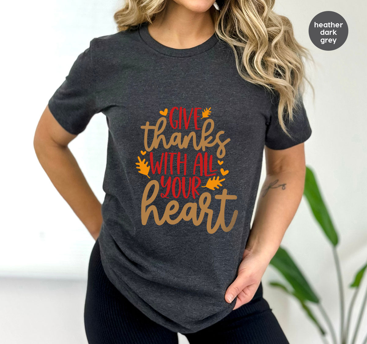 Cute Fall Clothing, Thanksgiving T-Shirt, Gift for Her, Leaves Graphic Tees, Autumn Outfit, Womens Vneck Shirt, Thankful Sweatshirt