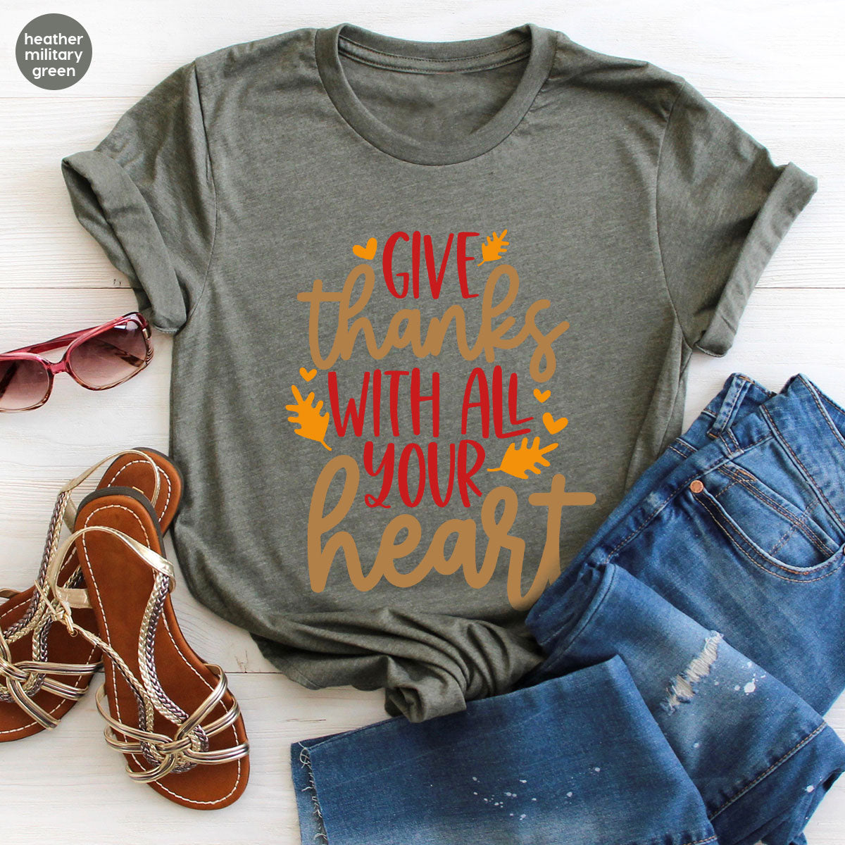 Cute Fall Clothing, Thanksgiving T-Shirt, Gift for Her, Leaves Graphic Tees, Autumn Outfit, Womens Vneck Shirt, Thankful Sweatshirt