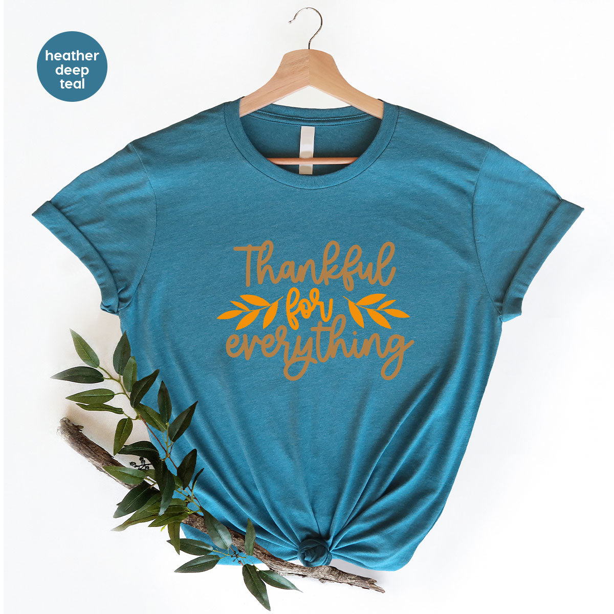 Thanksgiving T Shirts, Gifts for Her, Fall Leaves Graphic Tees, Autumn Clothing, Thankful for Everything T-Shirt, Womens Vneck TShirt