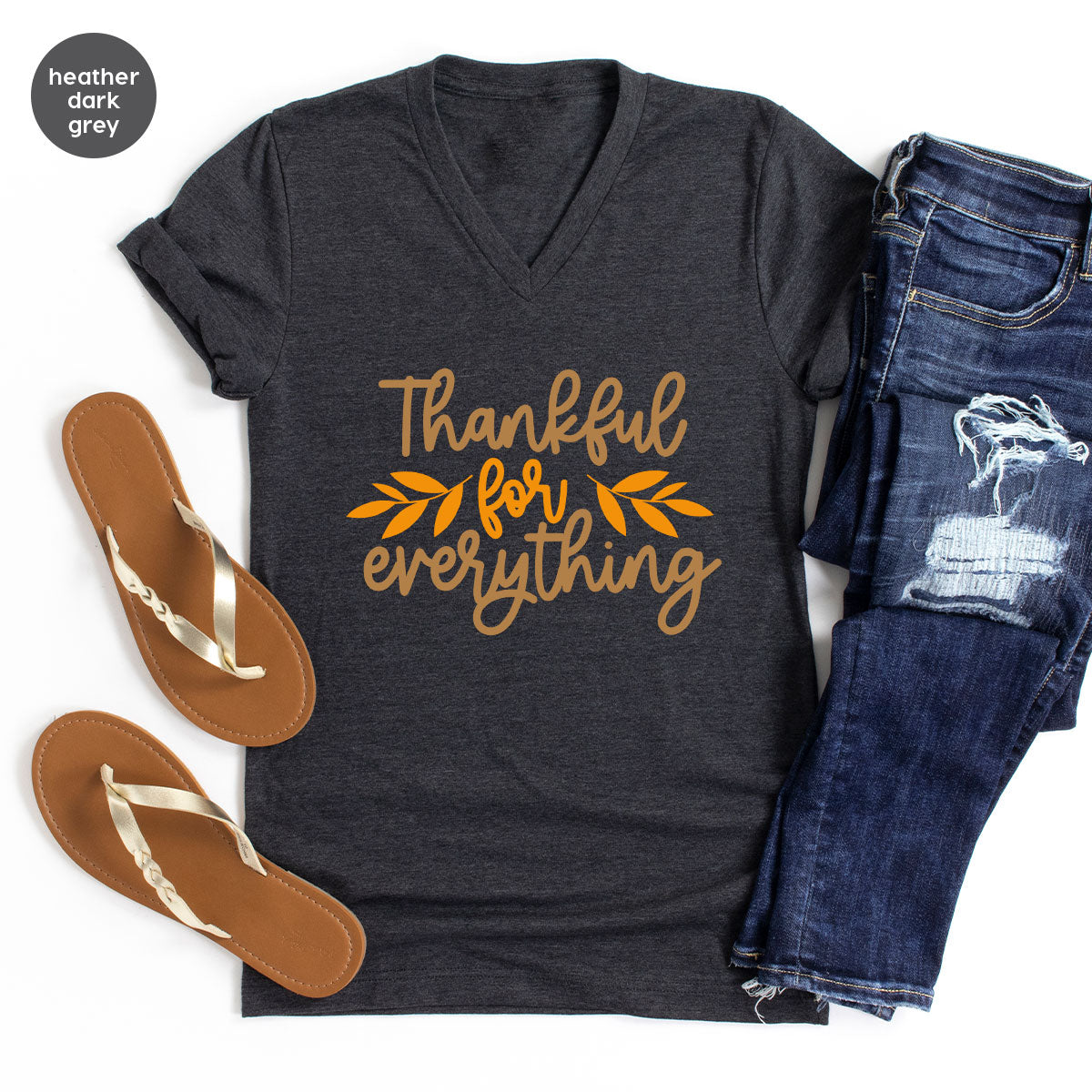 Thanksgiving T Shirts, Gifts for Her, Fall Leaves Graphic Tees, Autumn Clothing, Thankful for Everything T-Shirt, Womens Vneck TShirt