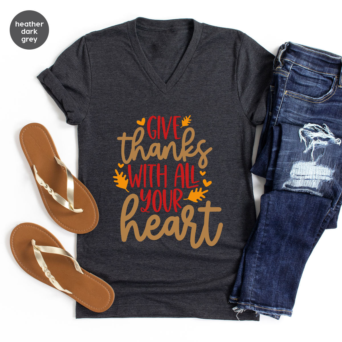 Cute Fall Clothing, Thanksgiving T-Shirt, Gift for Her, Leaves Graphic Tees, Autumn Outfit, Womens Vneck Shirt, Thankful Sweatshirt