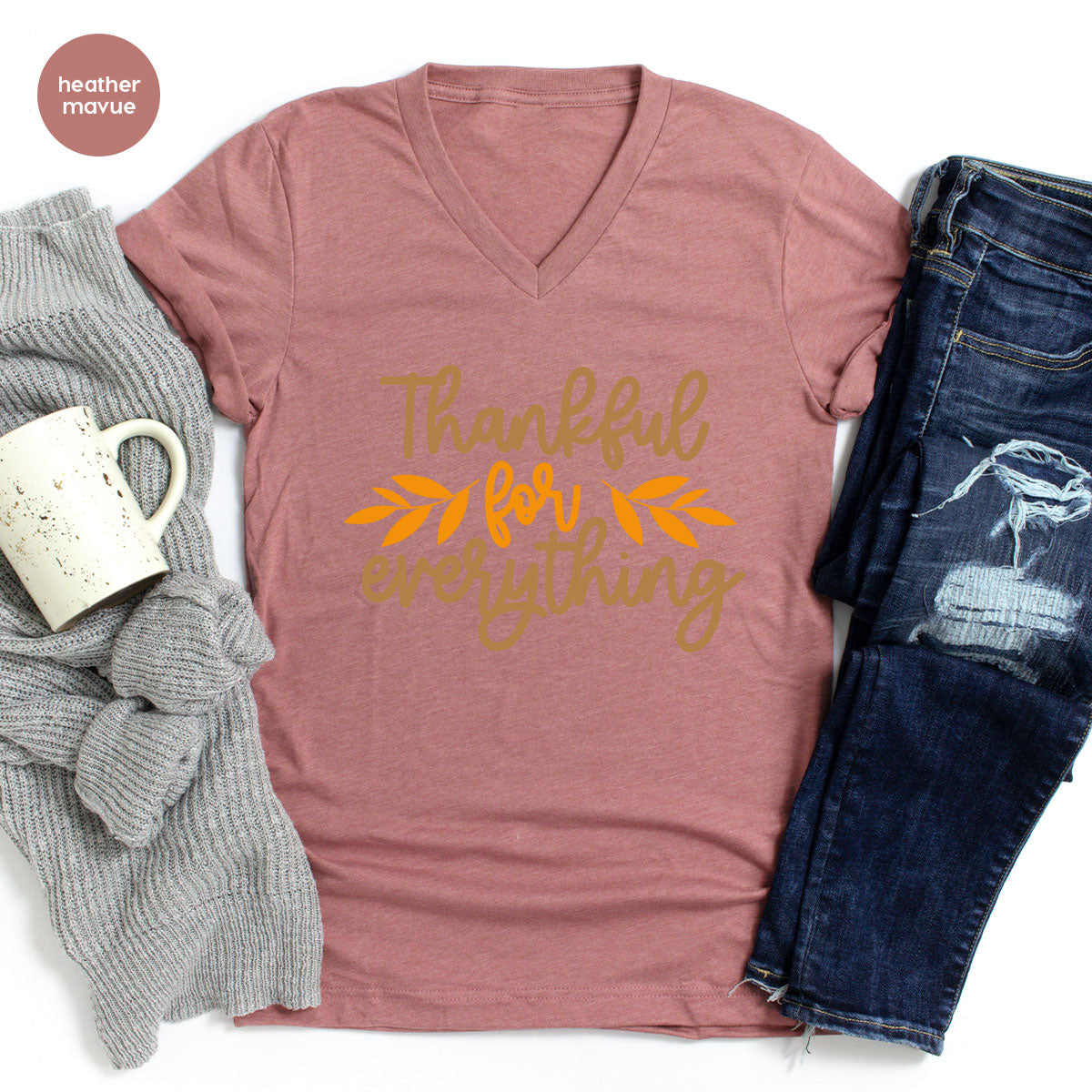 Thanksgiving T Shirts, Gifts for Her, Fall Leaves Graphic Tees, Autumn Clothing, Thankful for Everything T-Shirt, Womens Vneck TShirt