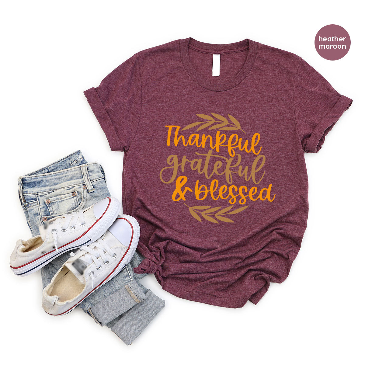 Fall Tshirt, Autumn Clothing, Gift for Her, Happy Thanksgiving Outfit, Leaves Graphic Tees, Thankful Grateful Blessed T-Shirt