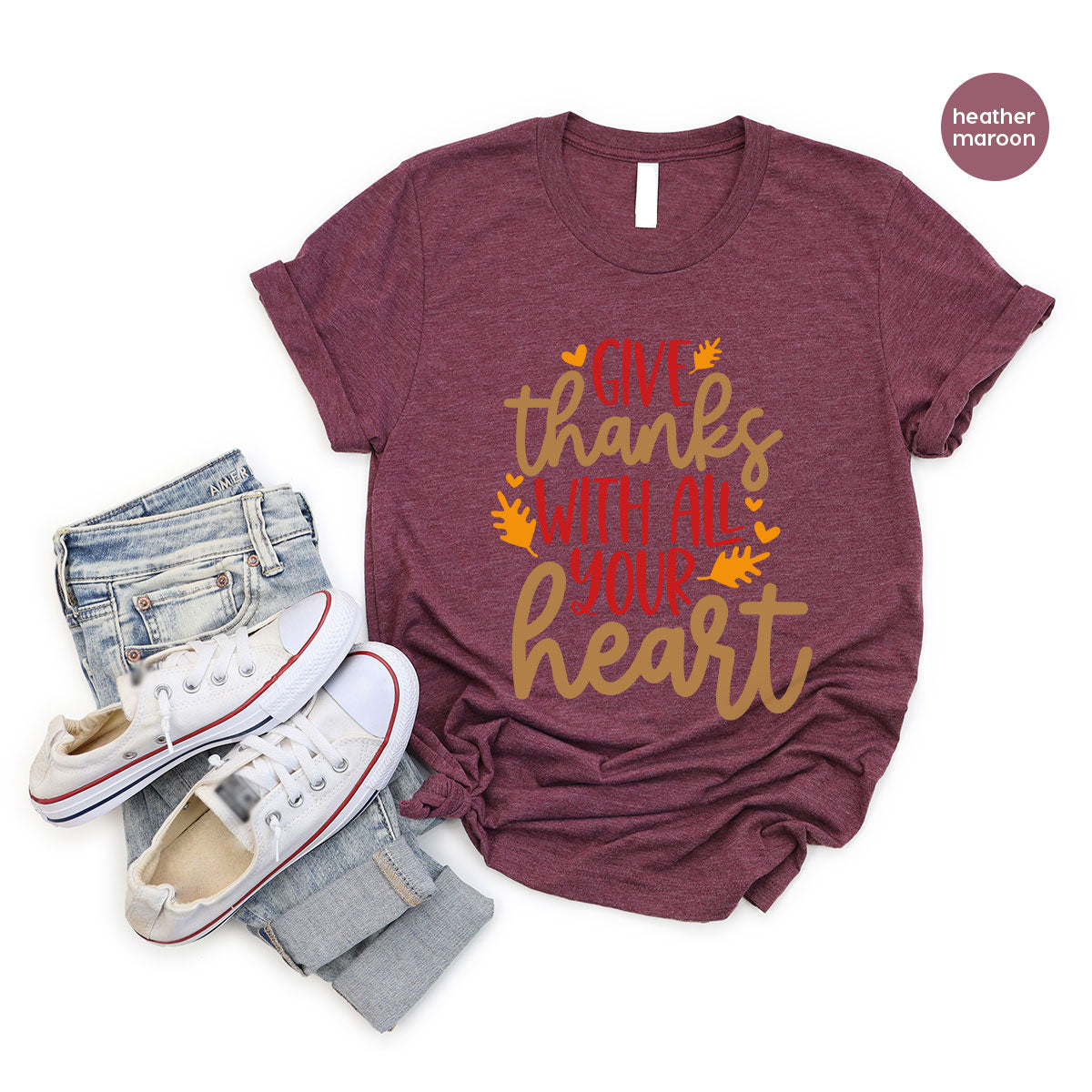 Cute Fall Clothing, Thanksgiving T-Shirt, Gift for Her, Leaves Graphic Tees, Autumn Outfit, Womens Vneck Shirt, Thankful Sweatshirt