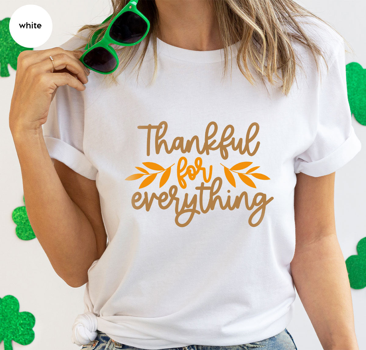 Thanksgiving T Shirts, Gifts for Her, Fall Leaves Graphic Tees, Autumn Clothing, Thankful for Everything T-Shirt, Womens Vneck TShirt