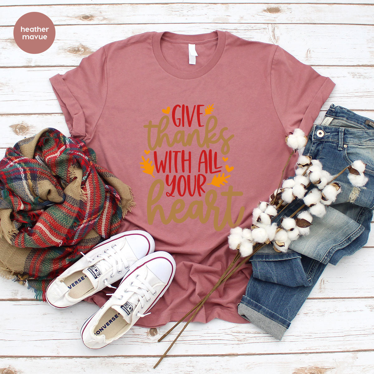 Cute Fall Clothing, Thanksgiving T-Shirt, Gift for Her, Leaves Graphic Tees, Autumn Outfit, Womens Vneck Shirt, Thankful Sweatshirt