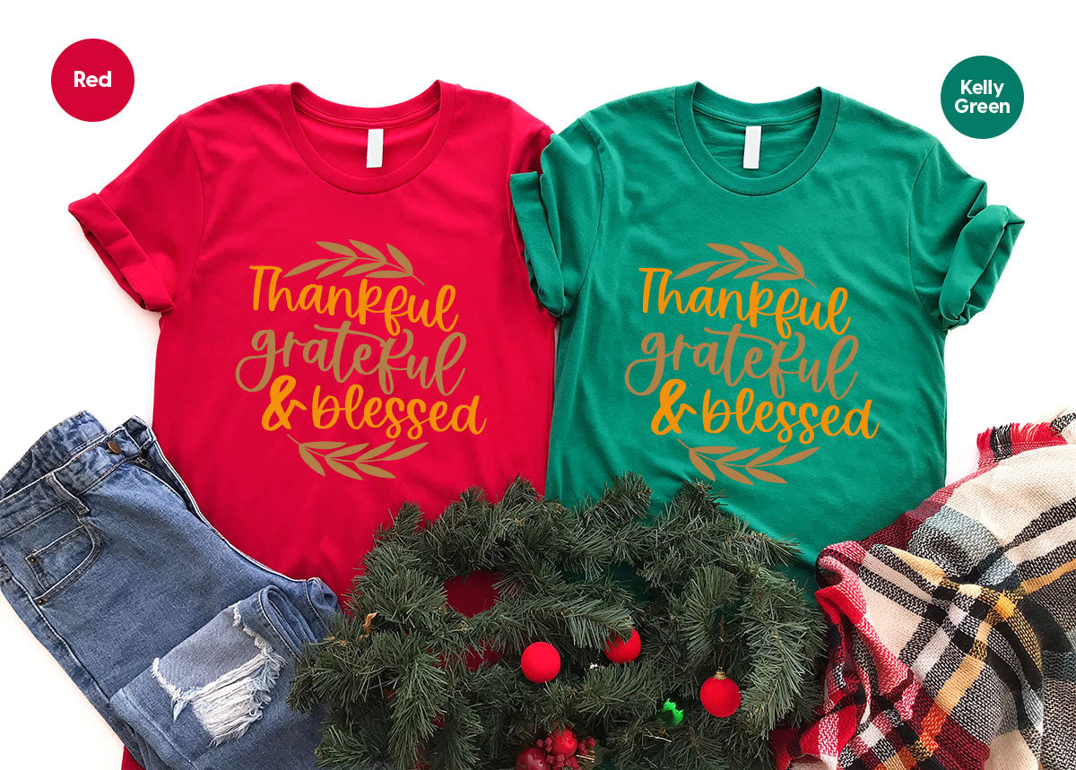 Fall Tshirt, Autumn Clothing, Gift for Her, Happy Thanksgiving Outfit, Leaves Graphic Tees, Thankful Grateful Blessed T-Shirt