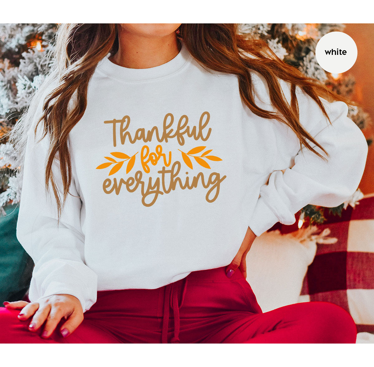 Thanksgiving T Shirts, Gifts for Her, Fall Leaves Graphic Tees, Autumn Clothing, Thankful for Everything T-Shirt, Womens Vneck TShirt