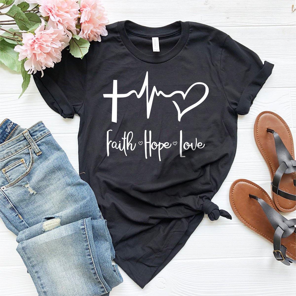 Faith Hope Love T-Shirt, Christian Heartbeat Tee, Jesus Lover Shirt, Faith Shirt, Christian Clothing, Heart Beat With Cross Tee - Fastdeliverytees.com