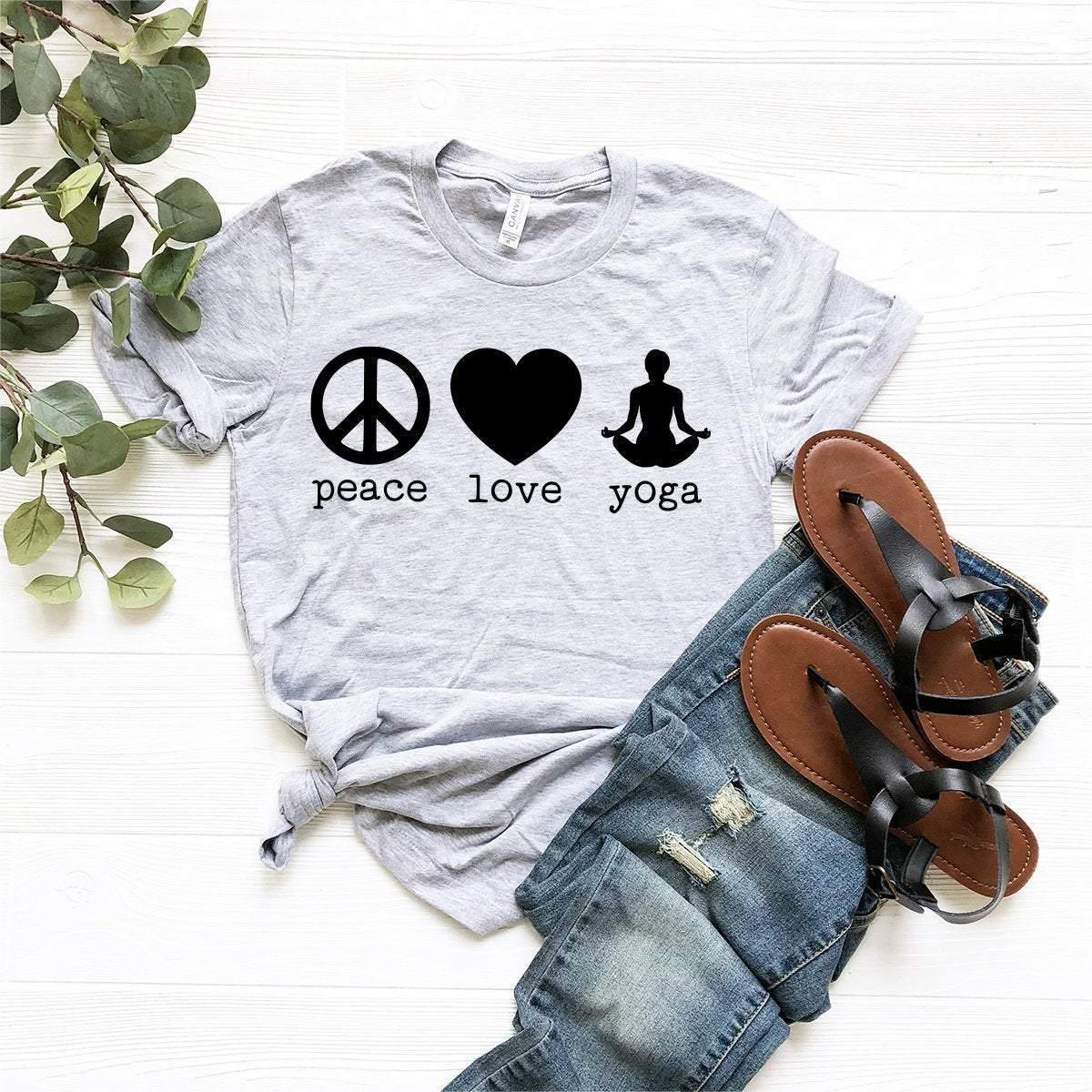 Peace Love Yoga Tee, Yoga Shirt, Meditation Shirt, Yoga T-Shirt, Yoga Lover Shirt, Inspirational Shirt, Yoga Tee, Yoga Gift, Meditation Tee - Fastdeliverytees.com