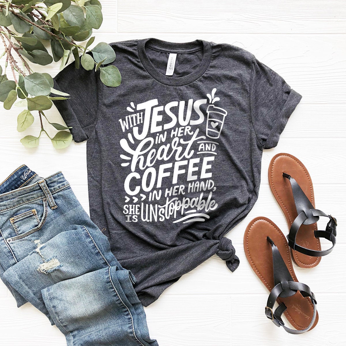 Jesus And Cofee Shirt, Coffee Shirt, Jesus Shirt, Jesus Lover T-Shirt, Coffee Lover Shirt, With Jesus In Her Heart And Coffee In Her Hand - Fastdeliverytees.com