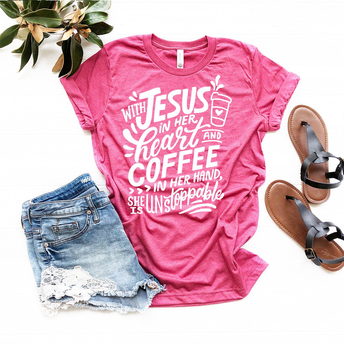 Jesus And Cofee Shirt, Coffee Shirt, Jesus Shirt, Jesus Lover T-Shirt, Coffee Lover Shirt, With Jesus In Her Heart And Coffee In Her Hand - Fastdeliverytees.com