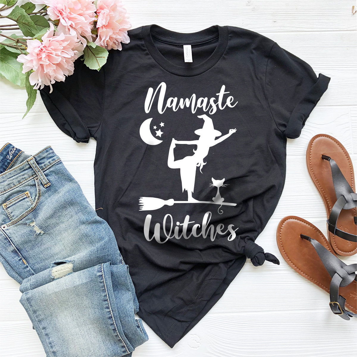 Namaste Witches T-Shirt, Halloween Shirt, Fall Tshirt, Halloween Yoga Tee, Funny Halloween Gift, Meditation Shirt, Funny Witch Shirt - Fastdeliverytees.com
