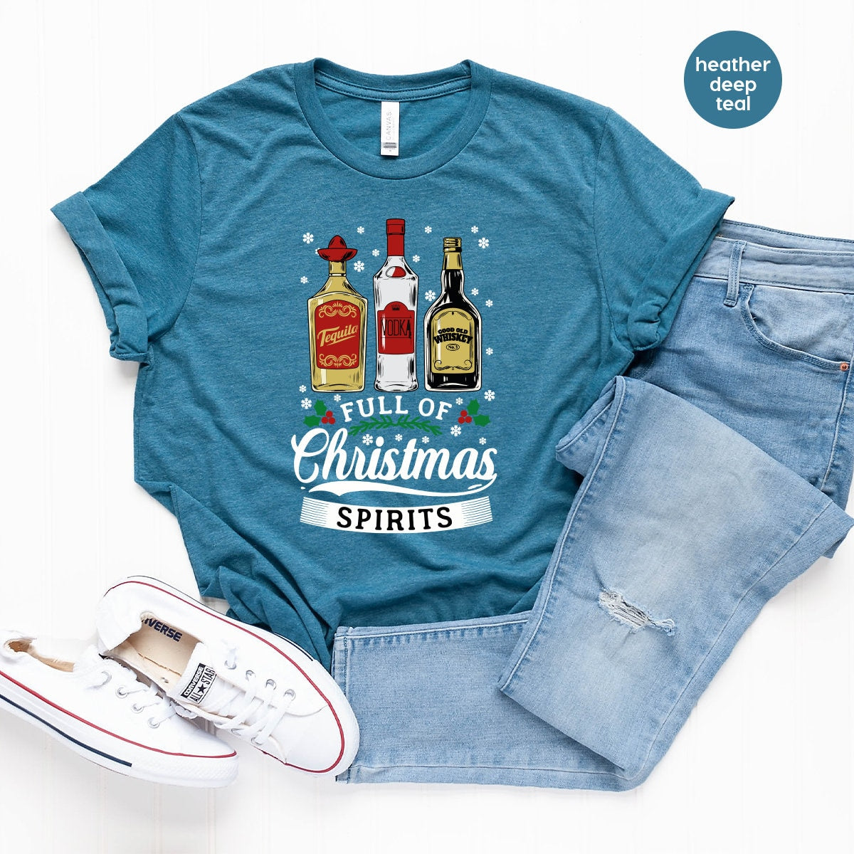 Tequila Vodka Whiskey T Shirt, Funny Christmas Shirt, Christmas Shirts, Drinking TShirt, Full Of Christmas Spirit Tee, Xmas Party T-Shirt - Fastdeliverytees.com