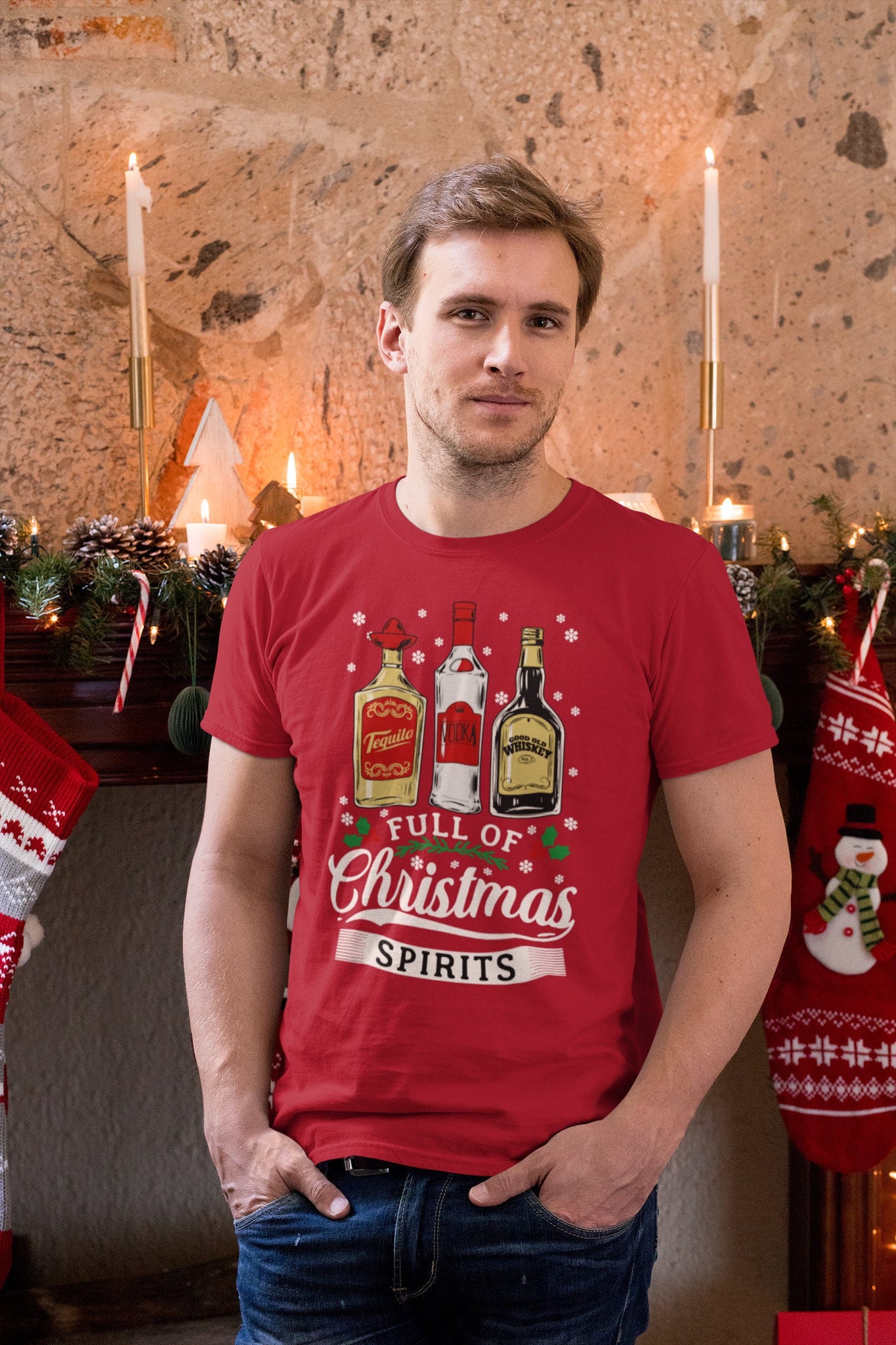 Tequila Vodka Whiskey T Shirt, Funny Christmas Shirt, Christmas Shirts, Drinking TShirt, Full Of Christmas Spirit Tee, Xmas Party T-Shirt - Fastdeliverytees.com