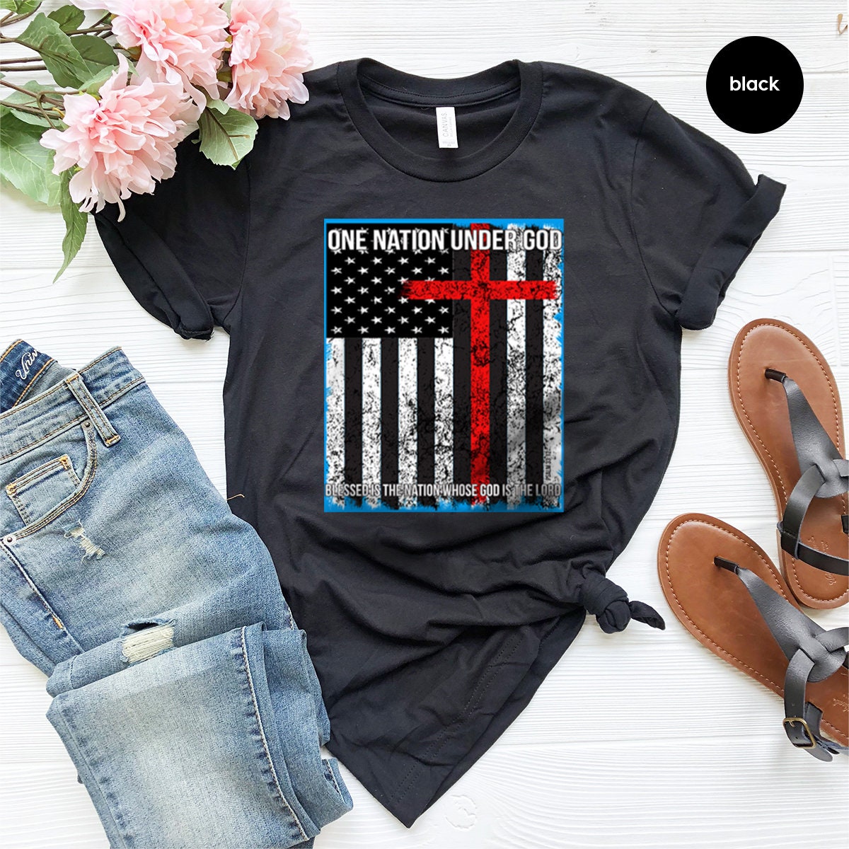 Proud American Shirt, American Flag With Cross Shirt, One Nation Under God Tee, Christian T Shirt,American Pride Tee, Faith God T-Shi - Fastdeliverytees.com