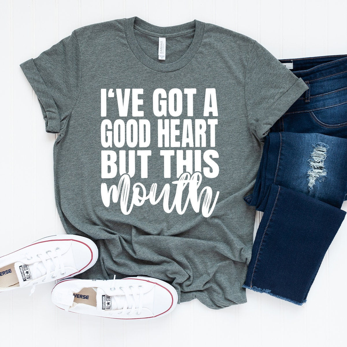 I've Got A Good Heart But This Mouth T-Shirt, Good Heart Tshirt, Sarcastic Shirt, Mothers Day Shirt, Sassy Quote Shirt, Cuss Words Shirt - Fastdeliverytees.com